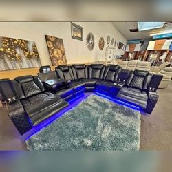 Black Leather power recliner sectional sofa with LED USB wireless charging stations