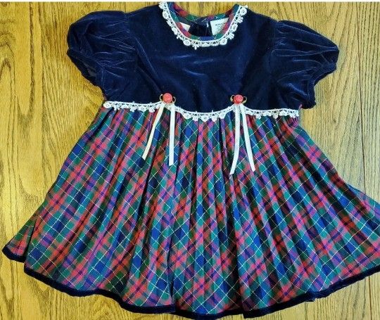 Vintage Youngland Girls 24M Plaid Fancy Short Sleeve Dress