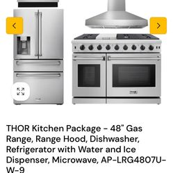 THOR Kitchen Package - 48" Gas Range, Range Hood, Dishwasher, Refrigerator with Water and Ice Dispenser, Microwave, AP-LRG4807U-