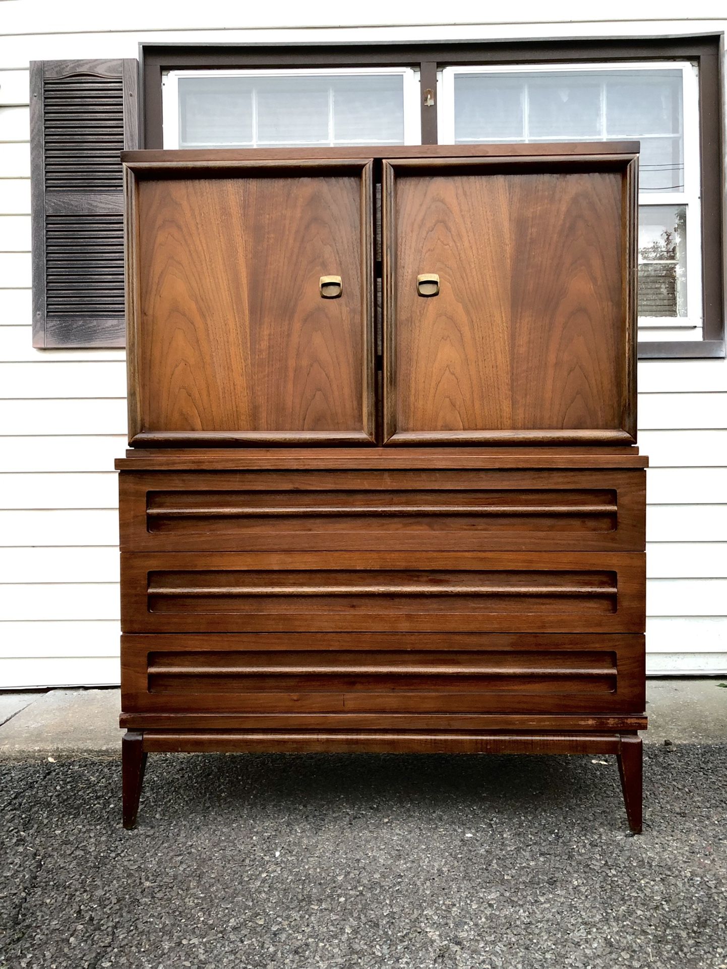 Vintage Mid Century Walnut Tallboy Dresser By Bassett