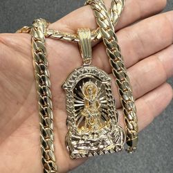 14k Stamped Gold Plated Saint Lazaro Pendant And Miami Cuban Necklace