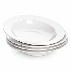 Soup And Pasta Bowls Set Of 4, White Porcelain Wide Rim Salad Plates, 20 Ounces, Microwave & Dishwasher Safe