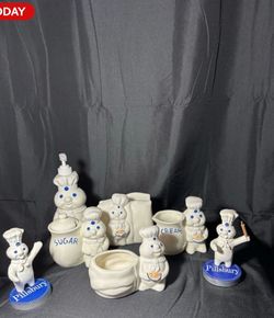 Pillsbury Doughboy Ceramic Canister Set w/ Lids Sugar & Cream White Blue 7 pieces