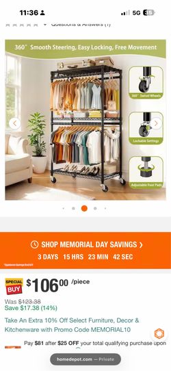 Black Clothing Rack 70” x 35” x 17”