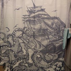 Kraken/Nautical Shower Curtain and Adjustable Twist and Fit Shower Rod
