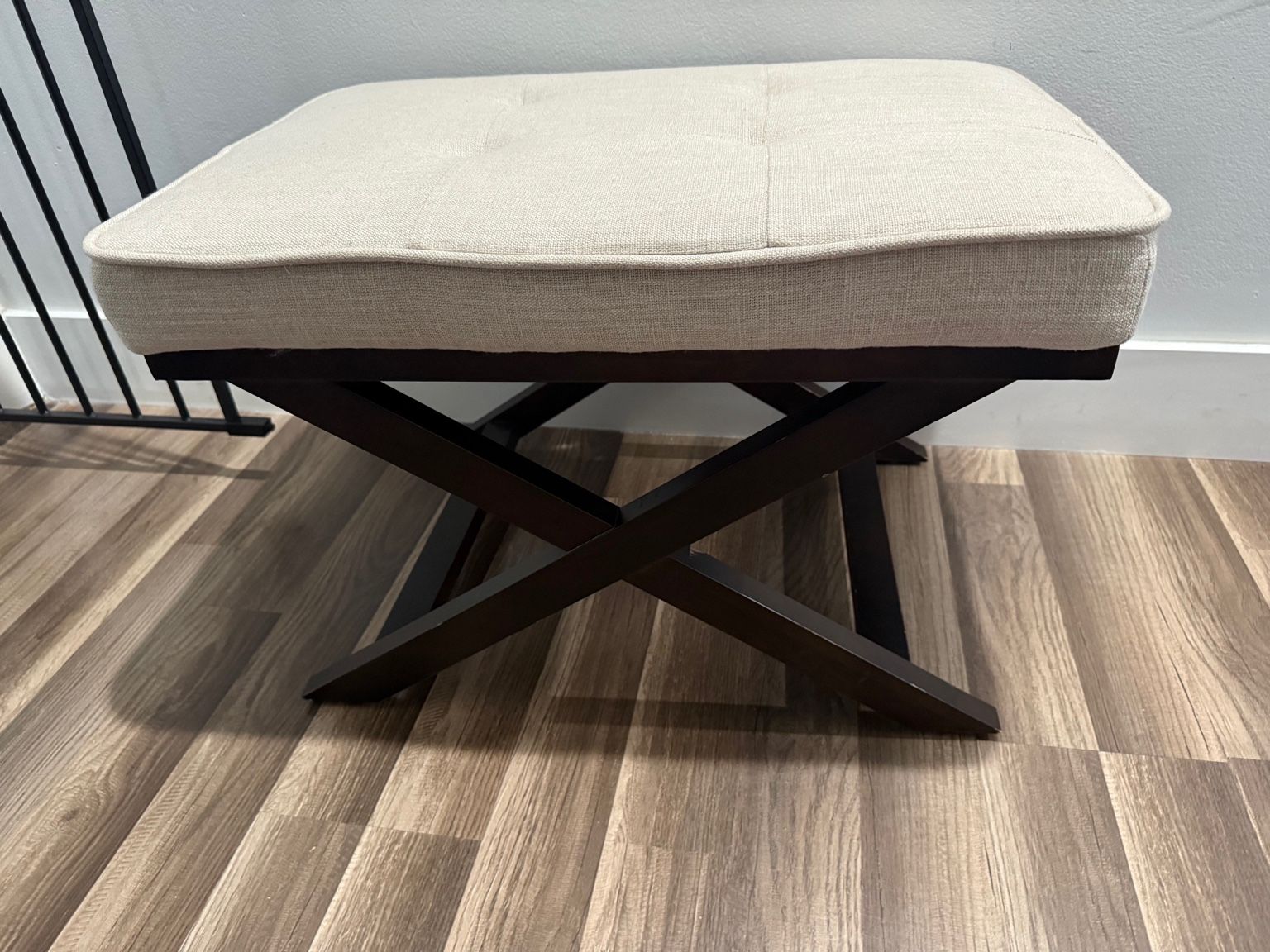 Cortesi Home Ari “X” Bench Ottoman – Beige Linen & Walnut Wood – Set of 2 or Sold Separately