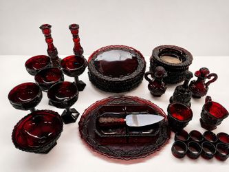 Vintage Ruby Red Avon Cape Cod Glass Dinnerware Serving Set 40 Piece Collection