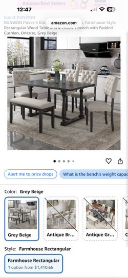 Farmhouse Style Dining Room Table with 4 padded chairs and bench.