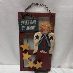 15” Patriotic Wooden Angel Screen Door Wall Decor - Sweet Land Of Liberty Americana