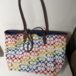 Coach Rainbow Signature Tote Bag Multicolor Canvas Leather Blue Interior