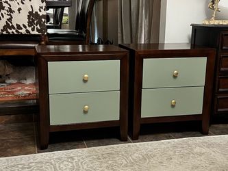 Pair of 2-Drawer Nightstands Dark Wood Sage Green