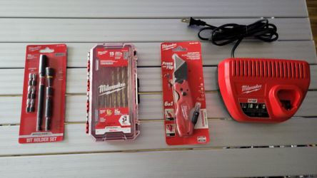 Milwaukee, knife, drill bits, bits and charger m12