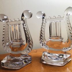 Vintage Heavy Glass Set Of HARP Bookends 