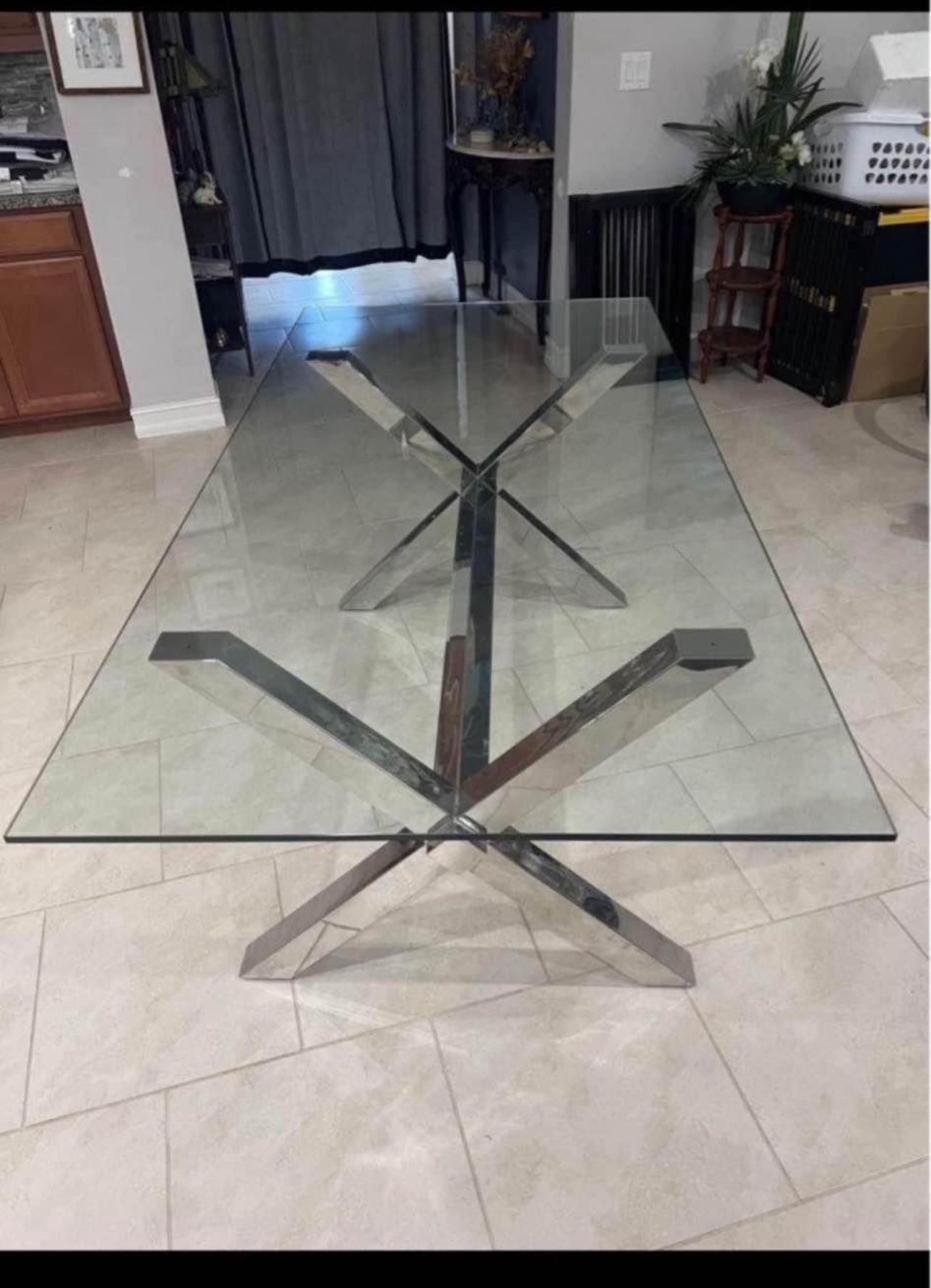 Modernist Contemporary Chrome X-Base Dining Table / Desk With Glass Top