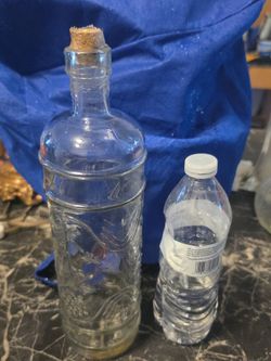 Vintage Embossed Glass Bottle w/ Cork – Decorative Home Accent