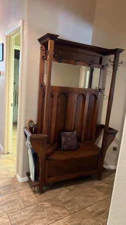 Antique Wood Hall Tree with Mirror and Bench