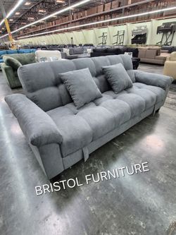 🛑 Grey tufted microfiber fabric futon folding sofa bed with storage underneath, New in the Box.