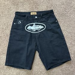Corteiz Black Graphic Denim Shorts