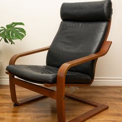 IKEA POANG Chair - Black Leather & Brown Wood