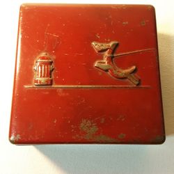Red Tin Box With Fire Hydrant And Scotty Dog On Leash