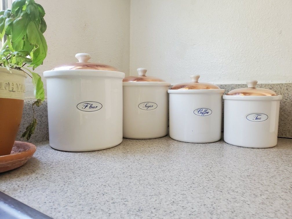 4 Vintage White Canister Set Copper Lid|Copper Lid Made In Portugal