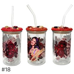Selena Roses Clear Glass Tumbler Cup 16 oz UV DTF Red Design Glass Straw