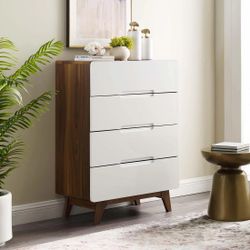 Modway Origin Four-Drawer Chest or Stand Walnut & White Mid Centuru Modern Furniture. Assembled