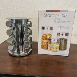 2 New Sets  Spicy Rack And 16 Cans And 3 Glass Storage Jars Made Of Stainless Steel 