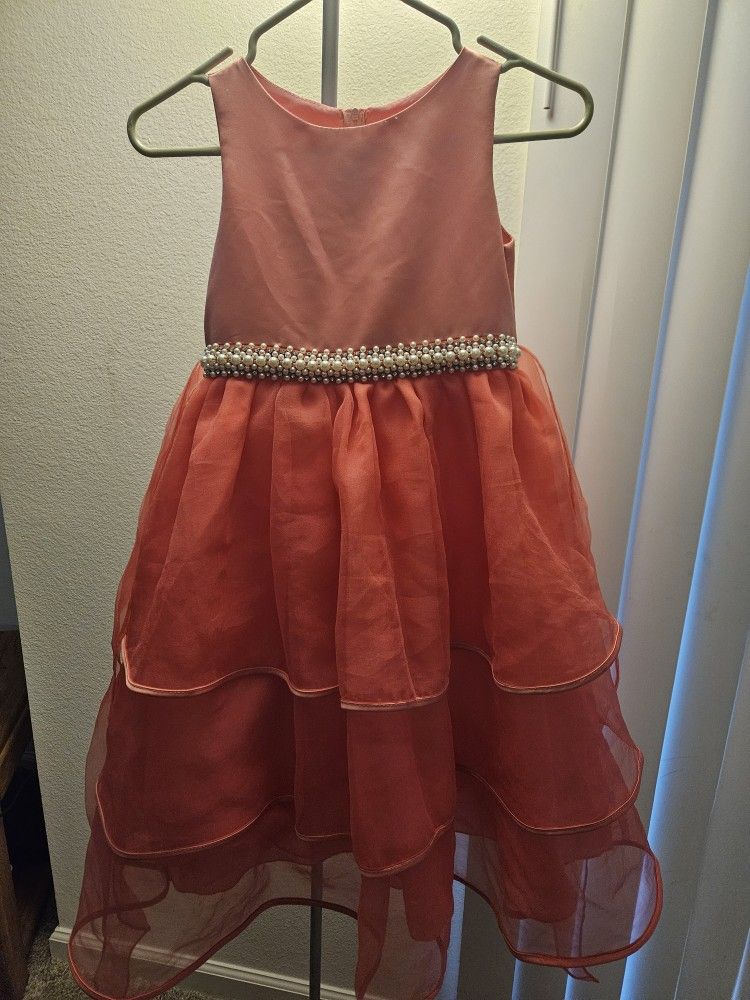Dress Little Girls Dress Pink Sz 8 Small Medium Satin Pearls Bow Tie Zip Fancy Party Princess