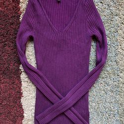Express Plum Ribbed V-Neck Sweater XXS Fitted Stretch Long Sleeve