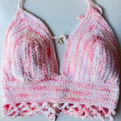 Velvet Pink Heart Crochet Top/ Bralette/ Bikini Top
