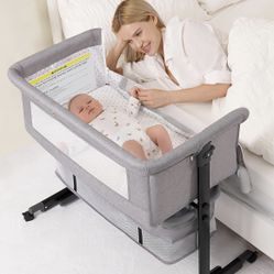 Baby Bassinet, 3 in 1 Bassinets Bedside Sleeper, Adjustable Height Bedside Sleeper with Rocking Mode, Breathable Mesh, Storage Basket, Wheels, Easy As