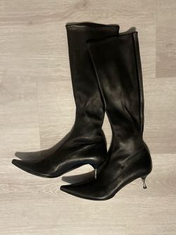 SERGIO ROSSI - BLACK LEATHER POINTED TOE KNEE HIGH BOOTS