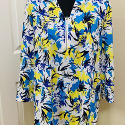 JACLYN SMITH COLLECTION Size XL 3/4 Sleeve Zip-Front Bright Colors Blue/Yellow