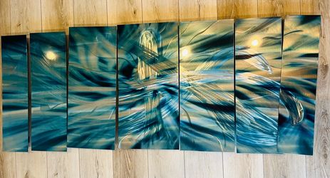 Large 7 Panel Abstract Metal Wall Art - Blue / Teal / Silver Swirl - Modern - No Scratche