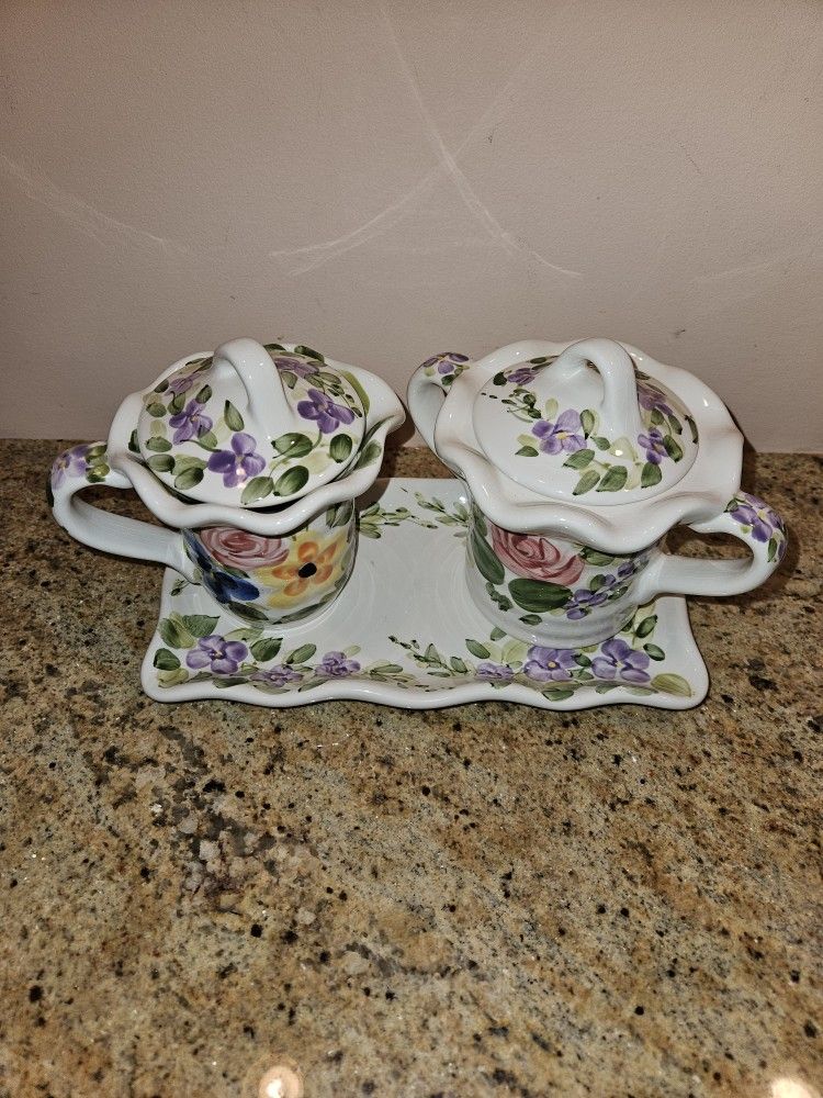 Floral Sugar Bowl And Tray Set