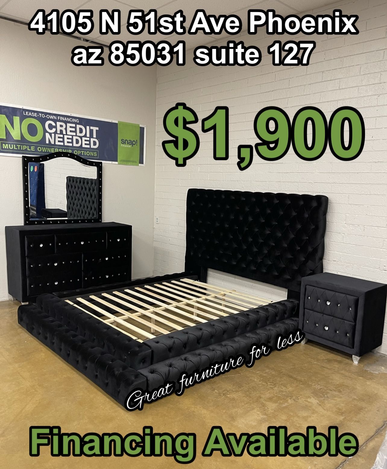 4 PCs Queen Size Bedroom Set Black Velvet Include Bed Frame Dresser Mirror And 1 Nightstand Brand New