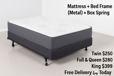 Queen Mattress • Box Spring • Bed Frame (Rails)  📦  🚚 Same Day Delivery