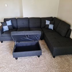 New Charcoal Grey Linen Sectional with Storage Ottoman