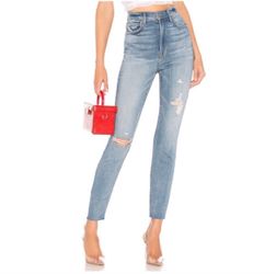 GRLFRND Kendall light blue high rise distressed raw hem jeans, size 25 Made in USA