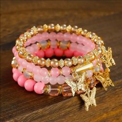 4pcs Pink butterfly charms bracelet for woman