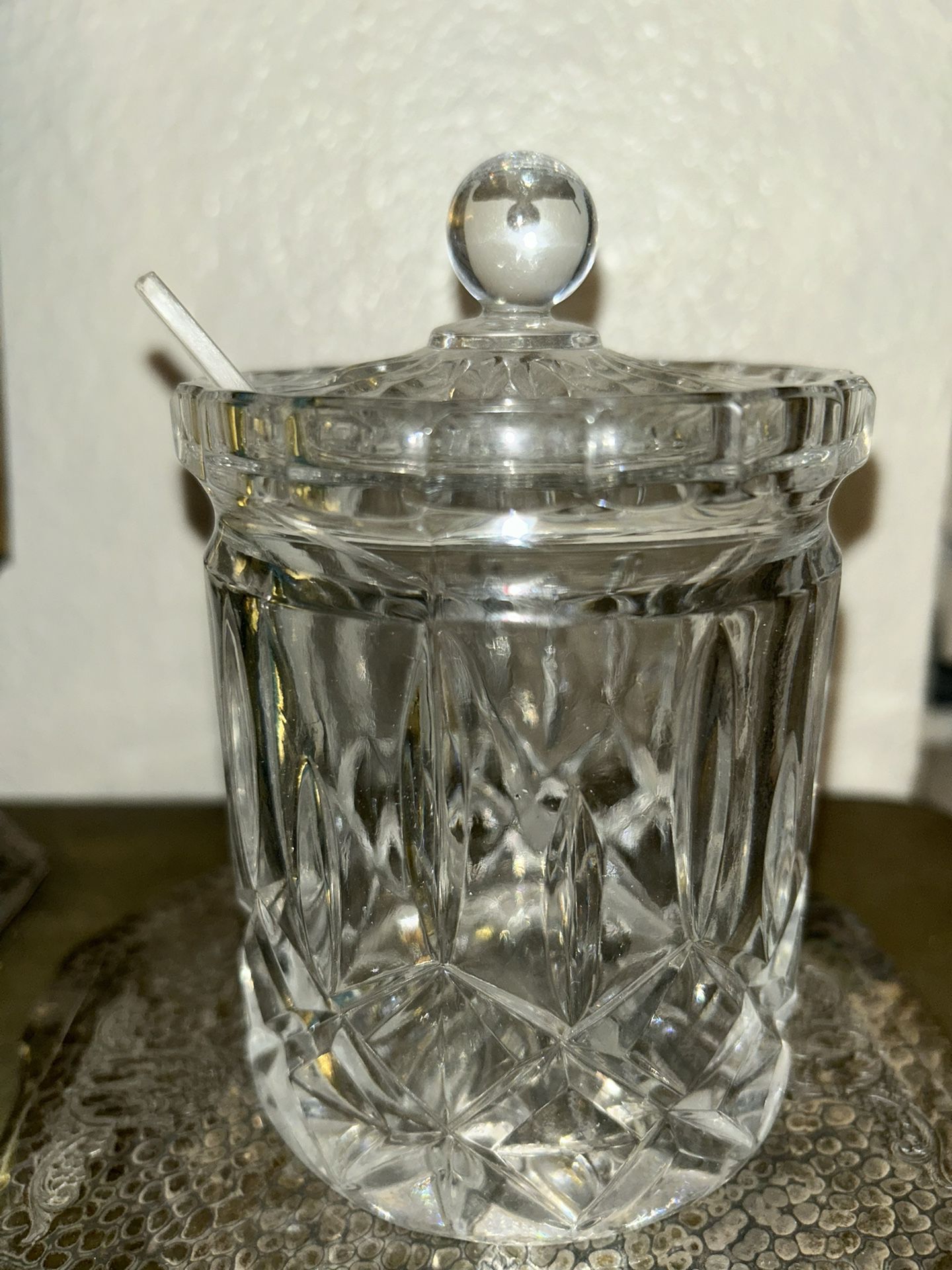 Vintage Jam/sugar Lead Crystal With Spoon And Lid 
