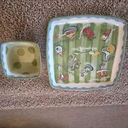 Vintage Southern Living Becky Denny Serving Platter Tray & Dip Bowl Green