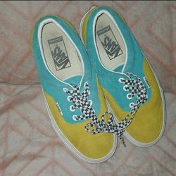 Yellow & Cyan Vans Color Block With Checkered Laces