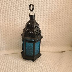 Lantern Blue Glass Candle Tea Light or LED Light Moroccan Style Design Holder