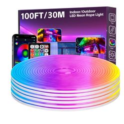 100FT RGB LED Strip Lights, App Control, IR Remote, Music Syncing, Outdoor IP67 Waterproof, Flexible Strip Cuttable for Bedroom, Gaming, Party