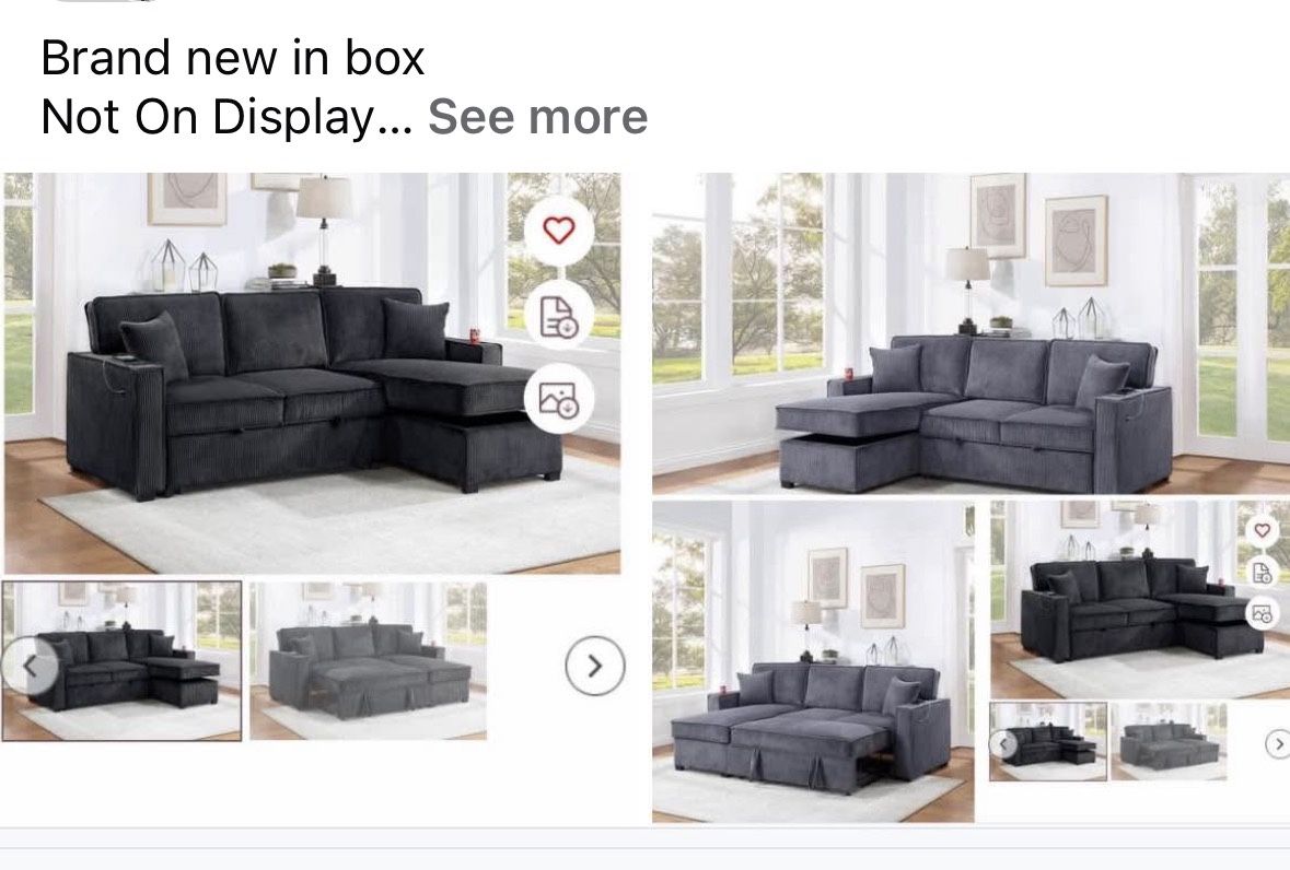 $369. 2-PCConvertible Sectional Sleeper Sofa W/ Cupholder Sofa Storage & USB Ports 89”x 59”X36”H