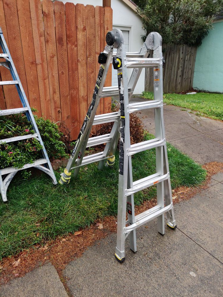 3 ladders. 24' Extension ladder. 6' a frame ladder and a 18' fold out multi position ladder.