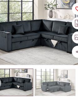 $550.  Sectional Pull Out Bed With Storage USB Cup Holder Available,I Ivory,Dark Gray,Corduroy