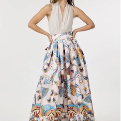 WOMEN'S MULTICOLOR SELF TIE MULTI PRINT MAXI SKIRT